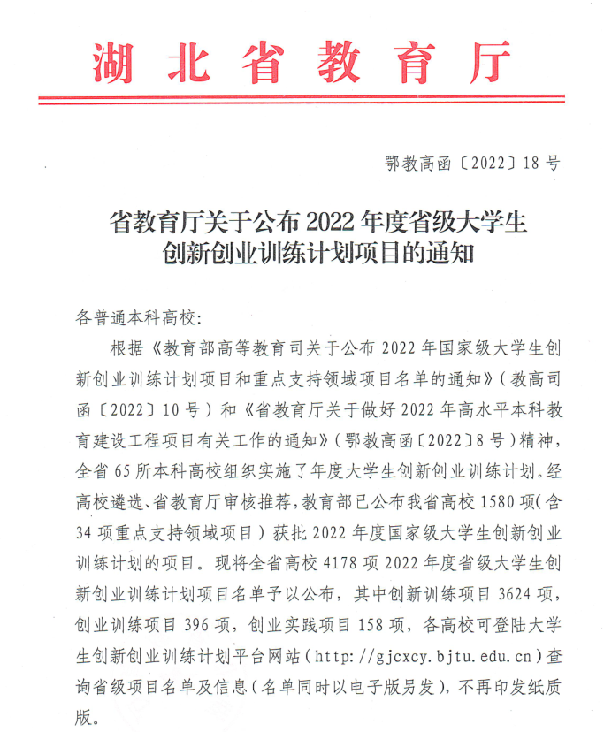 省教育厅公布2022年大学生创新创业训练计划项目通知(图1)
